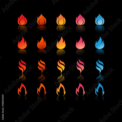 25 fire icons with varying gradients and shapes in colors ranging from red, orange, yellow, pink, to blue for Game Development Elements, Graphic Design, Animation and Video.