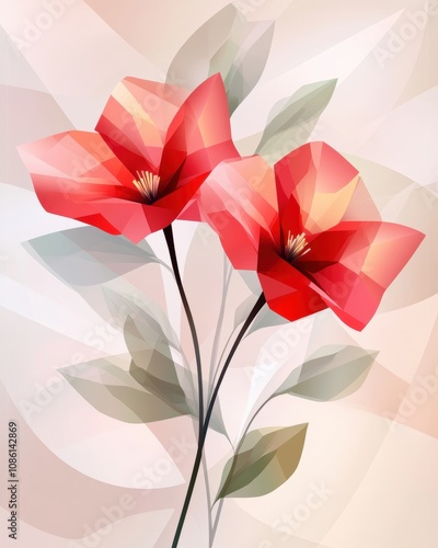 Winter Blooms: Vibrant Red Flowers Celebrate Nature's Beauty Through Synthetic Cubism Artistry