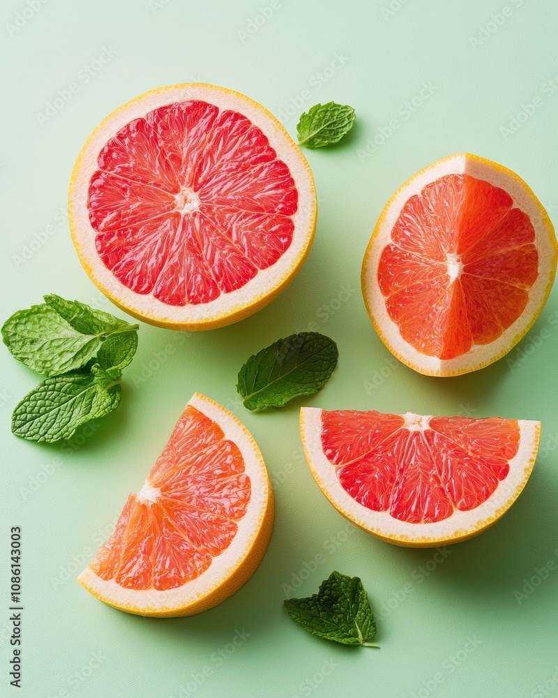 Colorful Citrus Composition With Fresh Mint on a Soft Green Surface for a Refreshing Look Colorful Citrus Composition With Fresh Mint on a Soft Green Surface for a Refreshing Look