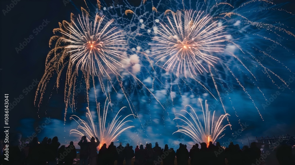 Stunning Display of Fireworks Lighting Up the Night Sky, Captivating an Enthusiastic Crowd with Dazzling Colors and Explosive Patterns Stunning Display of Fireworks Lighting Up the Night Sky, Captivating an Enthusiastic Crowd with Dazzling Colors and Explosive Patterns