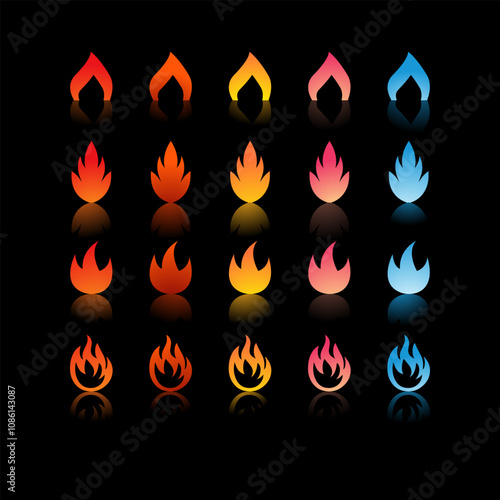 25 fire icons with varying gradients and shapes in colors ranging from red, orange, yellow, pink, to blue for Game Development Elements, Graphic Design, Animation and Video.