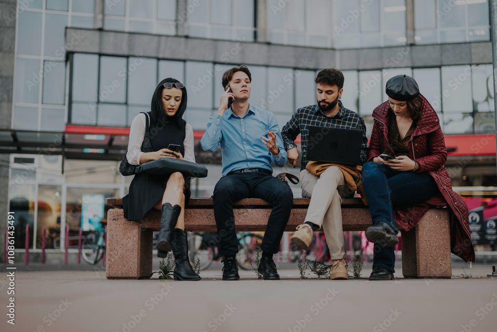 Fototapeta premium A group of young professionals using technology while sitting on a bench in a city setting. They are engaged in different activities, showcasing connectivity and modern work dynamics.
