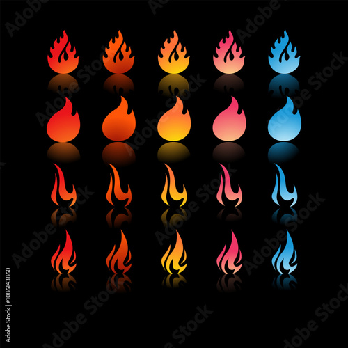 25 fire icons with varying gradients and shapes in colors ranging from red, orange, yellow, pink, to blue for Game Development Elements, Graphic Design, Animation and Video.