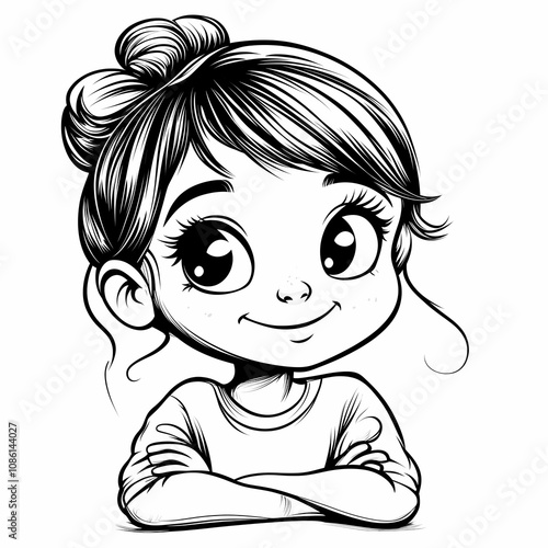 Kids coloring page with a girl, black and white, simple line art style