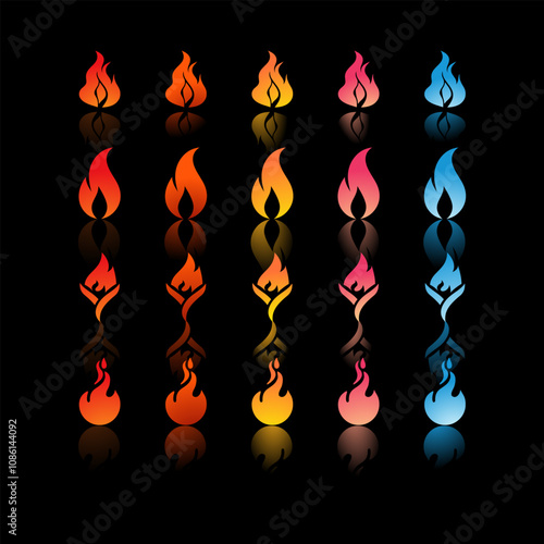 25 fire icons with varying gradients and shapes in colors ranging from red, orange, yellow, pink, to blue for Game Development Elements, Graphic Design, Animation and Video.