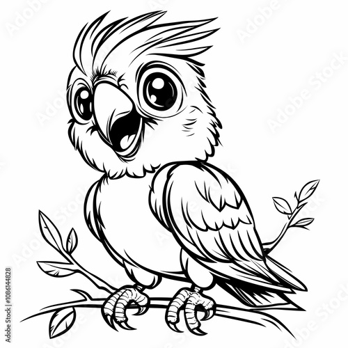 Kids coloring page with a bird, black and white, simple line art style