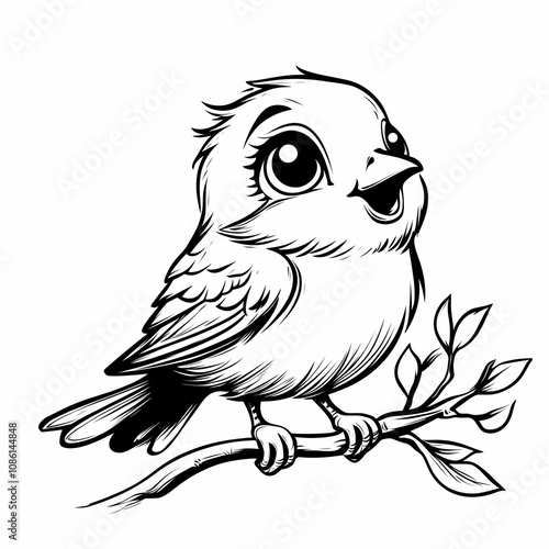 Kids coloring page with a bird, black and white, simple line art style