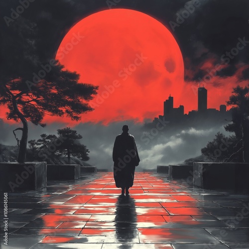 Lo-Fi music album cover Monk walking towards city under giant red moon