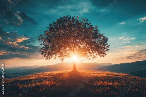 Epic tree on a hill at sunrise with blues sky