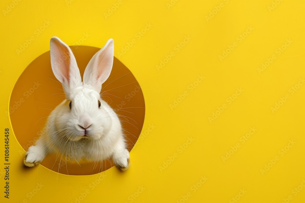 A charming white rabbit emerging from a circular hole in a yellow wall, evoking Easter celebrations A charming white rabbit emerging from a circular hole in a yellow wall, evoking Easter celebrations