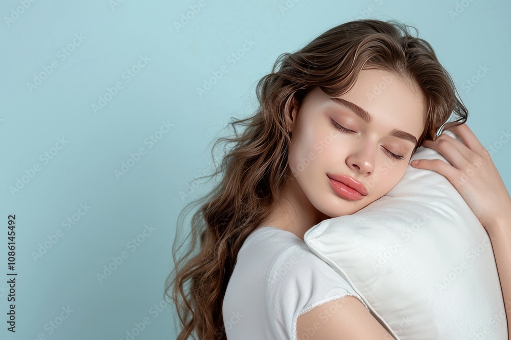A serene beautiful woman with closed eyes, hugging a soft pillow against a light pastel blue A serene beautiful woman with closed eyes, hugging a soft pillow against a light pastel blue