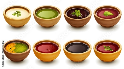 Bowls with various types of sauce isolated on white background