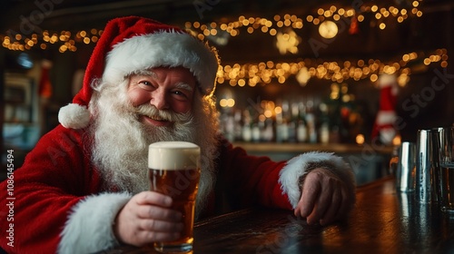 Jolly Santa Claus enjoys a beer at a festive bar. photo