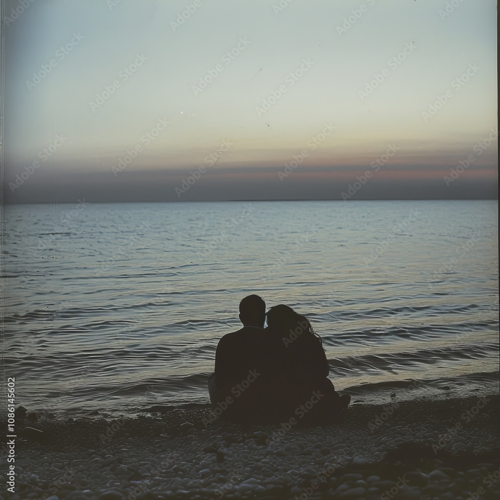 A couple wrapped in each other's arms on the sea shore, enjoying a peaceful moment by the water A couple wrapped in each other's arms on the sea shore, enjoying a peaceful moment by the water