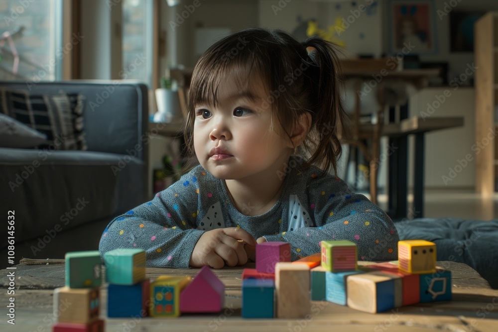 A cute little girl playing with wooden blocks at home, highlighting hands-on learning and early A cute little girl playing with wooden blocks at home, highlighting hands-on learning and early