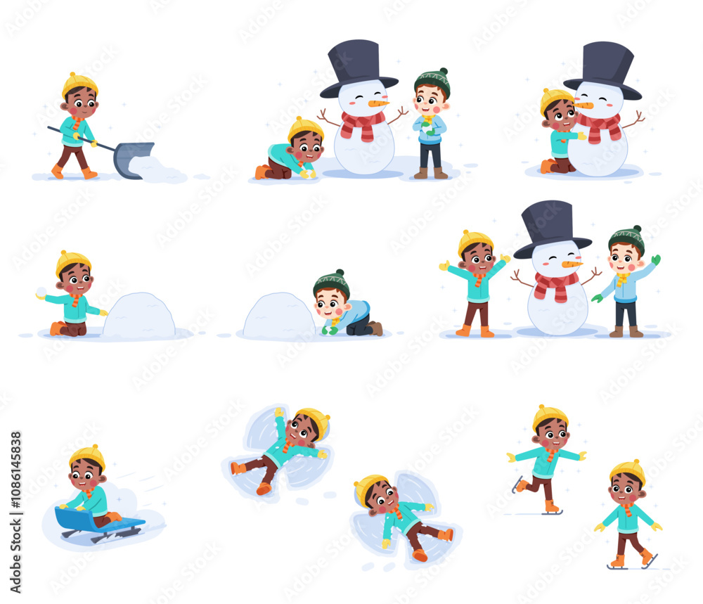 Winter Happy Kid Playing Illustration Set Winter Happy Kid Playing Illustration Set