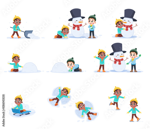 Winter Happy Kid Playing Illustration Set