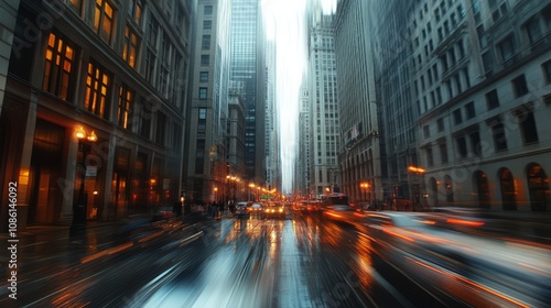 A rainy day in a busy city with traffic blurring in the background.