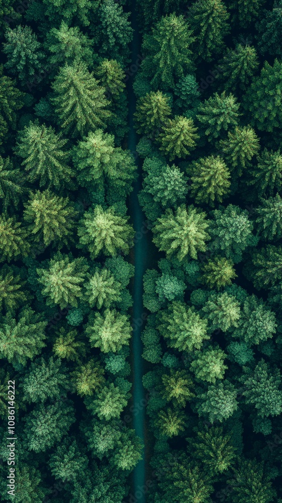 Aerial view of lush green forest canopy with a narrow path cutting through, showcasing the dense foliage and vibrant ecosystem from above. Aerial view of lush green forest canopy with a narrow path cutting through, showcasing the dense foliage and vibrant ecosystem from above.