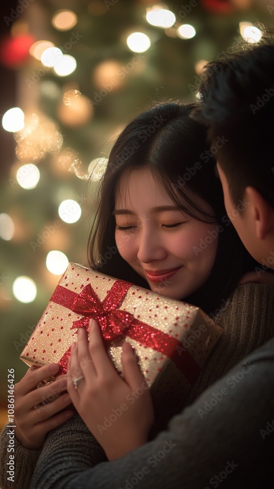 Romantic Christmas moment: couple embracing with wrapped gift, woman's joyful expression illuminated by soft bokeh lights from festive tree in background. Romantic Christmas moment: couple embracing with wrapped gift, woman's joyful expression illuminated by soft bokeh lights from festive tree in background.