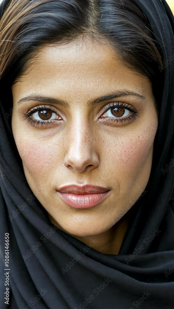Close-up portrait of a woman, her dark hair partially covered by a dark-colored headscarf Close-up portrait of a woman, her dark hair partially covered by a dark-colored headscarf