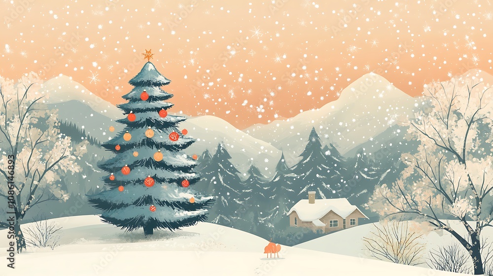 Fototapeta premium Christmas Tree in Snowy Mountain Landscape