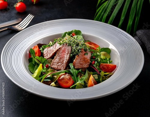 gourmet salad with grilled meat food photography