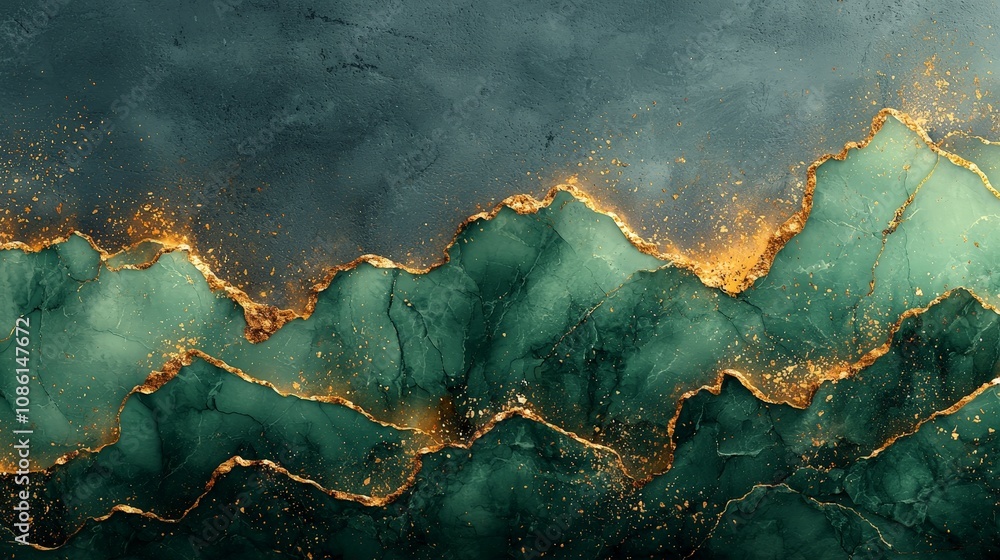Abstract design featuring layered green and gold textures resembling mountains. Abstract design featuring layered green and gold textures resembling mountains.