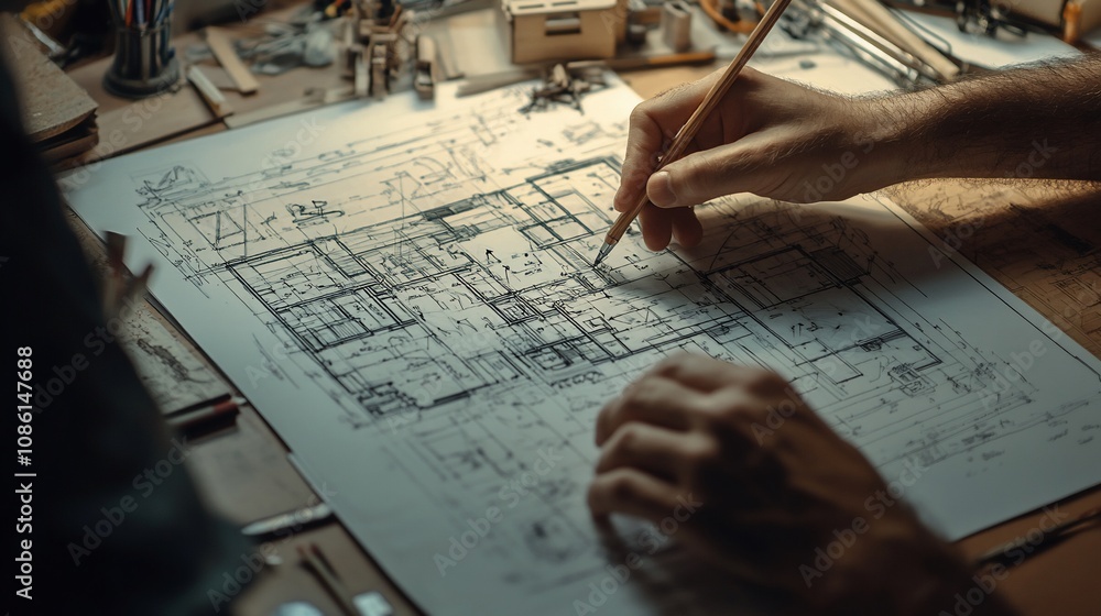 Hands sketching detailed architectural blueprint on paper. Hands sketching detailed architectural blueprint on paper.
