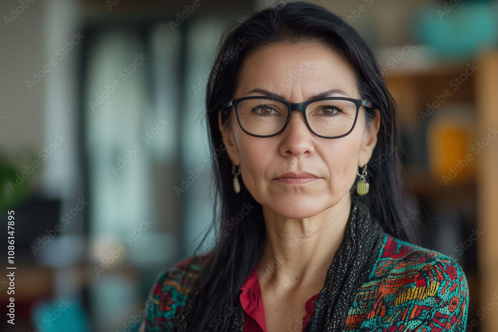 a 45-year-old Mexican woman, with a serious expression, background office a 45-year-old Mexican woman, with a serious expression, background office