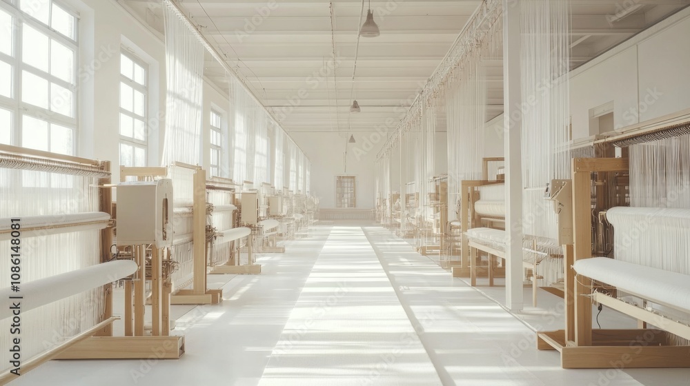 A long, white hallway lined with rows of weaving looms in a textile factory. A long, white hallway lined with rows of weaving looms in a textile factory.