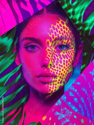 Model posing with creative fluorescent makeup and tropical leaves in neon light