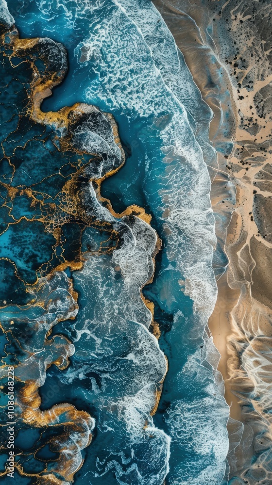 Fototapeta premium Bird's Eye View of a Coastal Paradise with Intricate Patterns and Blue Ocean