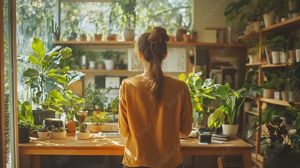 Woman tending plants in sunlit room. Woman tending plants in sunlit room.