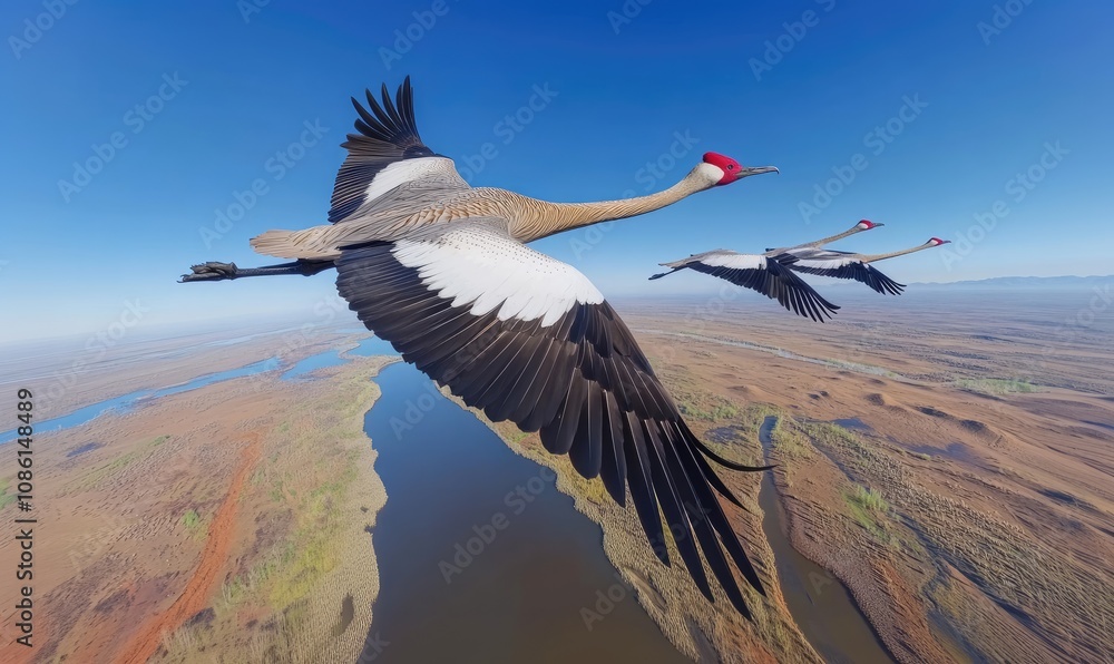 Naklejka premium A captivating view of cranes gliding elegantly in formation above a stunning landscape, with vibrant colors reflecting the beauty of the natural world during the golden hour