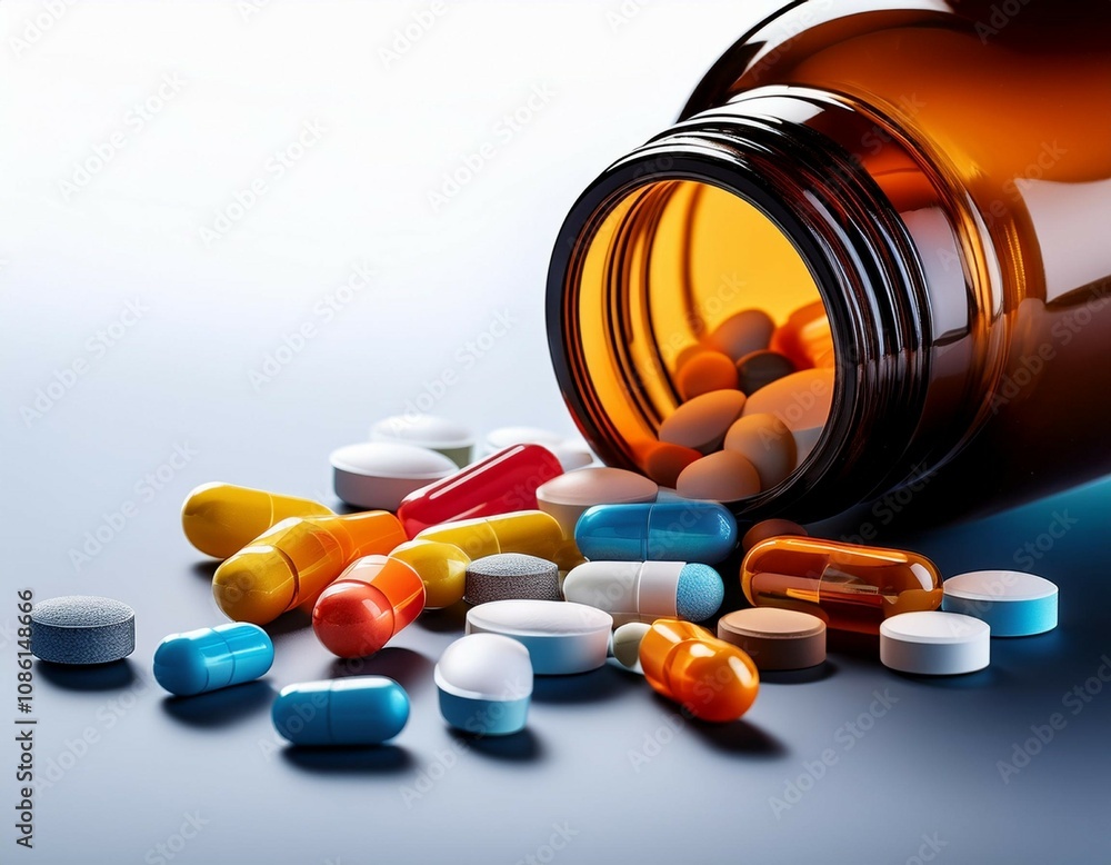 spilled pills from a brown bottle spilled pills from a brown bottle