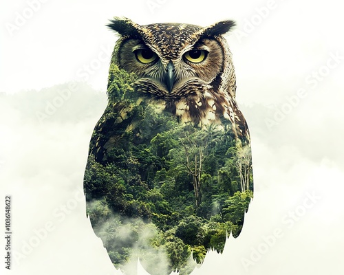 Double exposure of owl shape filled with dense rainforest, tropical wilderness overlay, mysterious nature photo