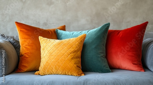 Colorful velvet cushions on a gray sofa. photo