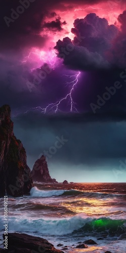 Dark stormy sea with dramatic sky and lightnings