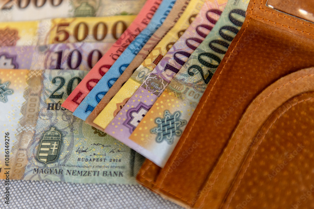 Fototapeta premium Hungarian forint banknotes in a brown leather wallet.