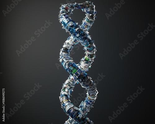 Abstract DNA helix made from recycled materials, evolution of sustainability, environmental science