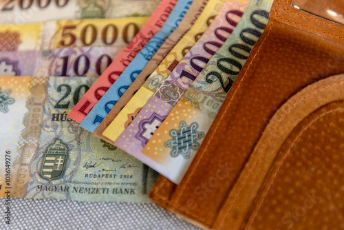 Hungarian forint banknotes in a brown leather wallet. photo