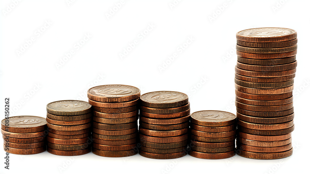 A stack of coins increasing in height from left to right representing financial growth and investment strategy A stack of coins increasing in height from left to right representing financial growth and investment strategy
