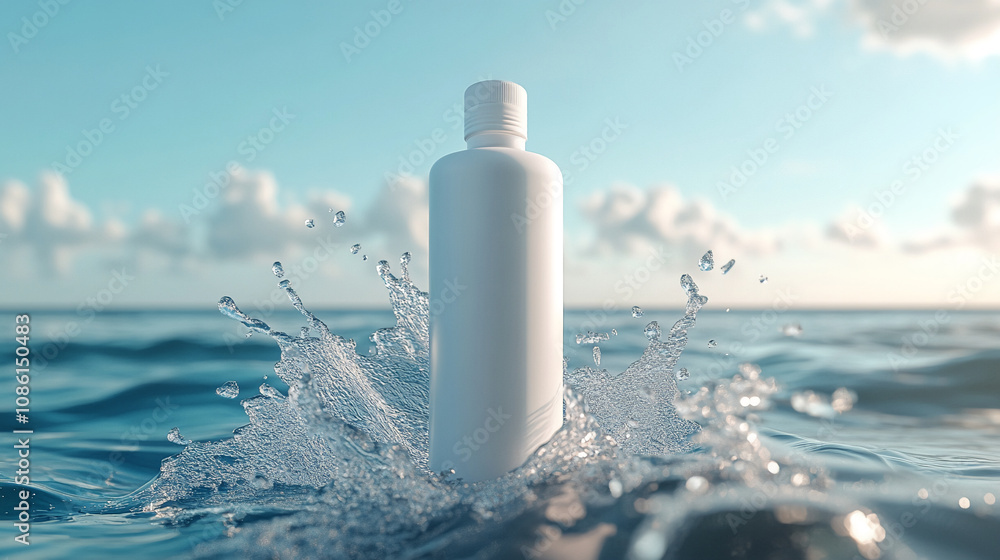 A white cylindrical bottle sits upright in the ocean, partially submerged A white cylindrical bottle sits upright in the ocean, partially submerged