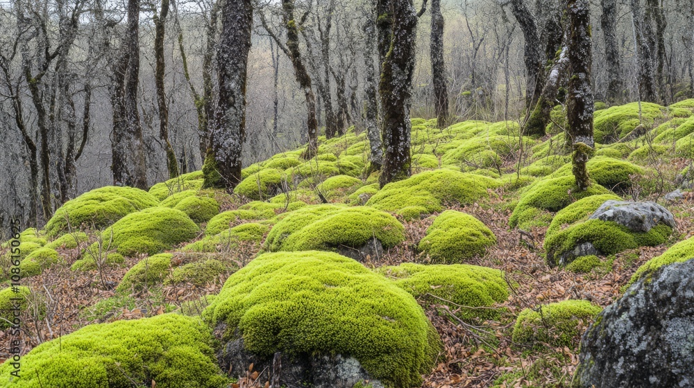 Fototapeta premium A lush carpet of moss covers the forest floor, with tall trees standing in the background.