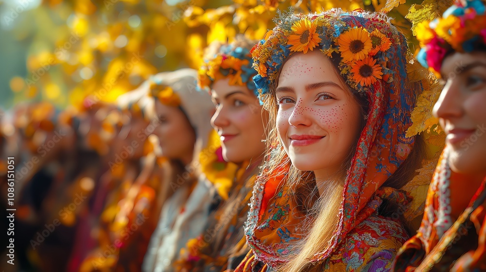 A woman wearing a flower crown smiles joyfully surrounded by vibrant traditional celebrations and colorful costumes during a festival A woman wearing a flower crown smiles joyfully surrounded by vibrant traditional celebrations and colorful costumes during a festival