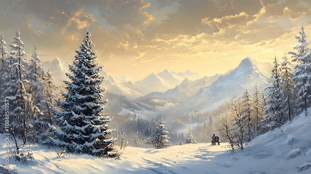 Snowy Mountain Landscape at Sunset Snowy Mountain Landscape at Sunset