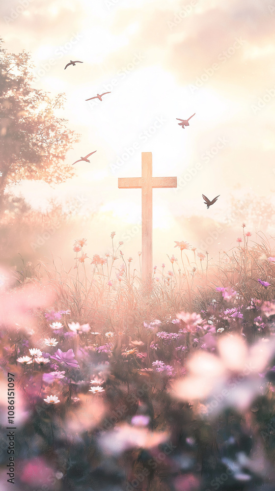 Digital watercolor of cross stands tall in field, surround wildflower sun set, symbolize faith, hope, and love in Christianity, reminding God presence, teaching of Jesus Christ, soft, white monotone. Digital watercolor of cross stands tall in field, surround wildflower sun set, symbolize faith, hope, and love in Christianity, reminding God presence, teaching of Jesus Christ, soft, white monotone.