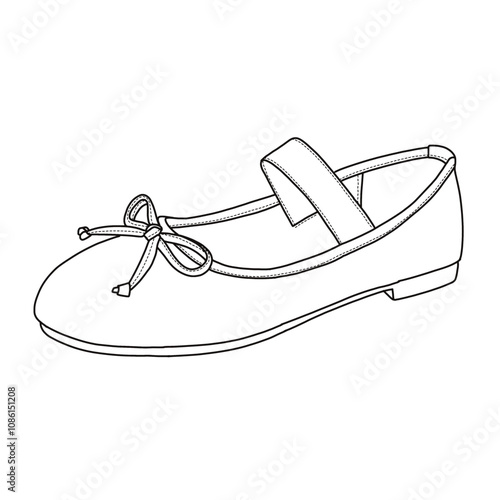 Women’s Round Toe Ballet Flat Elastic Strap Comfortable Flats Shoes Slip On Line art, Technical sketch hand drawing outline vector doodle side isometric view isolated on white background