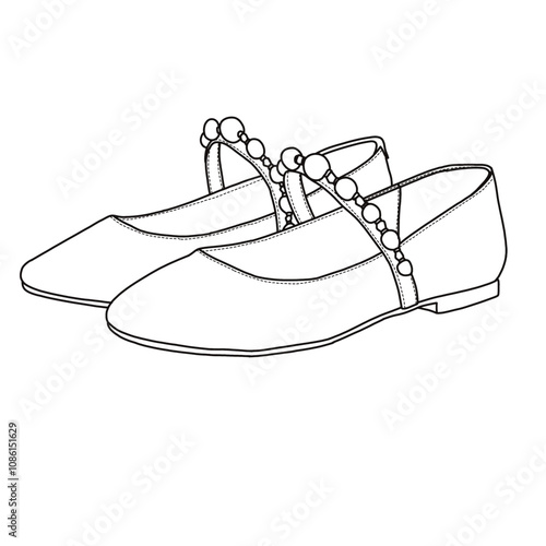 Women’s Sparkly Pearl Ballet Flats with Buckle Strap Shoes Slip On Line art, Technical sketch hand drawing outline vector doodle side isometric view isolated on white background